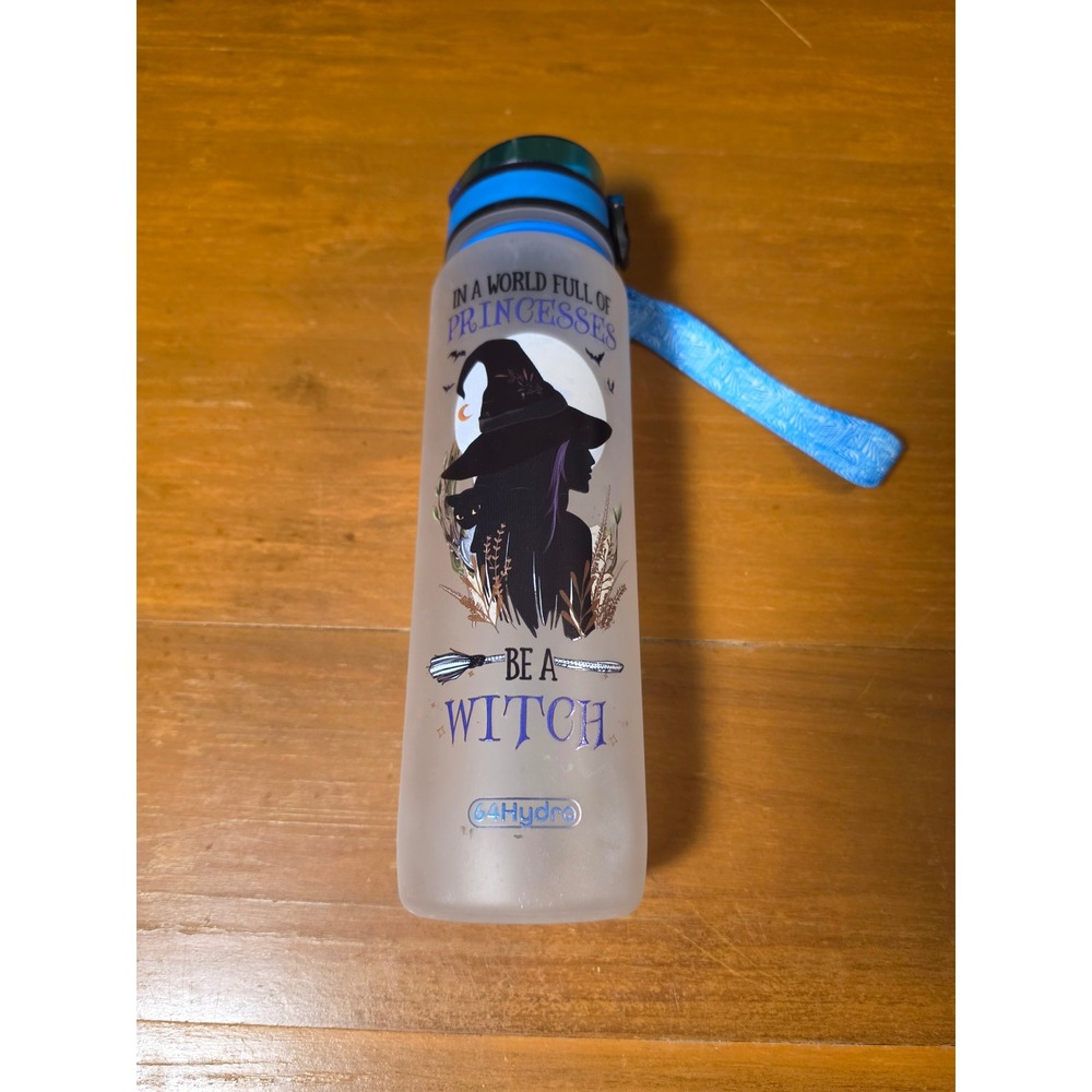 64Hydro 32oz Motivational Water Bottle Be A Witch Frosted Blue Time Marker